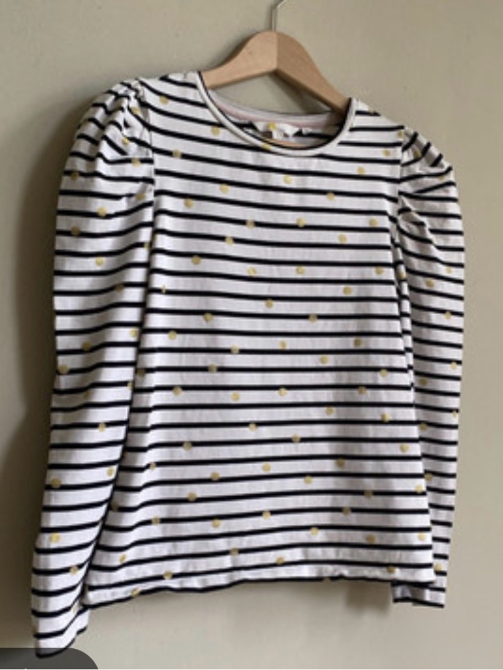 Boden White & Black Striped Long Puffed Sleeve Top with gold Dot Print